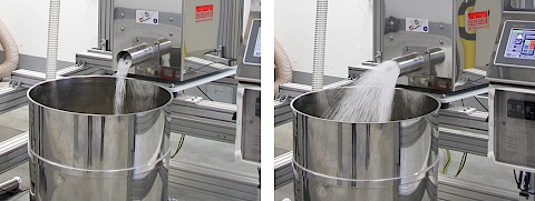 Foto: links: normaler Produktfluss, rechts: Produktfluss mit Luftschub bei blockiertem Filter